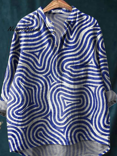 Abstract Swirl Pattern Printed Women's Casual Long Sleeve Comfortable Cotton Shirt