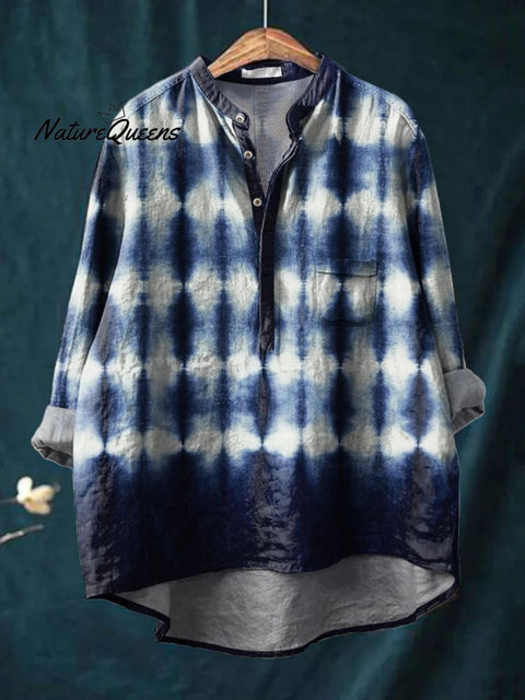 Ethnic Shibori Tie Dye Pattern Printed Women's Casual Long Sleeve Comfortable Cotton Shirt