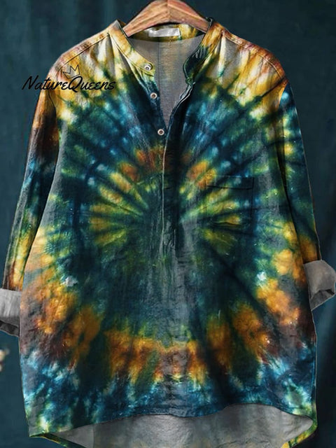 Retro Hippie Tie Dye Pattern Printed Women's Casual Long Sleeve Comfortable Cotton Shirt