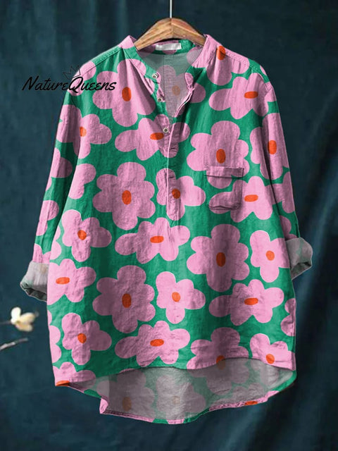 Vibrant Spring Floral Pattern Printed Women's Casual Long Sleeve Comfortable Cotton Shirt