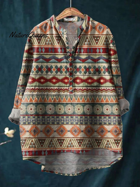 Ethnic Style Azteca Pattern Printed Women's Casual Long Sleeve Comfortable Cotton Shirt