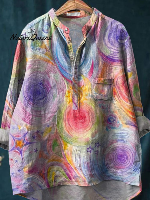 Abstract Celestial Planet Art Printed Women's Casual Long Sleeve Comfortable Cotton Shirt