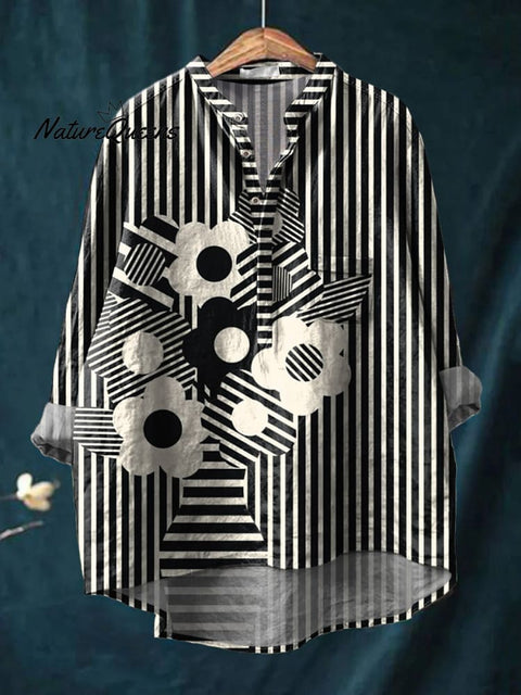 Geometric Flower Pot Art Printed Women's Casual Long Sleeve Comfortable Cotton Shirt