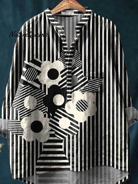 Geometric Flower Pot Art Printed Women's Casual Long Sleeve Comfortable Cotton Shirt