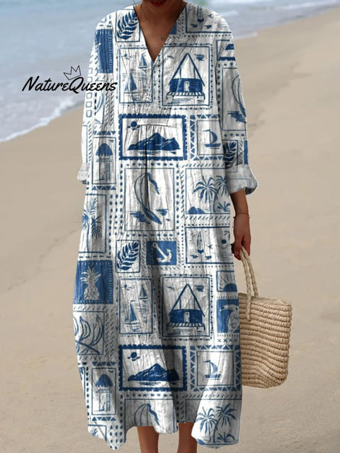 Summer Vacation Stamp Pattern Printed Women's Dress