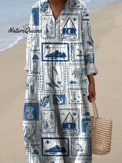 Summer Vacation Stamp Pattern Printed Women's Dress