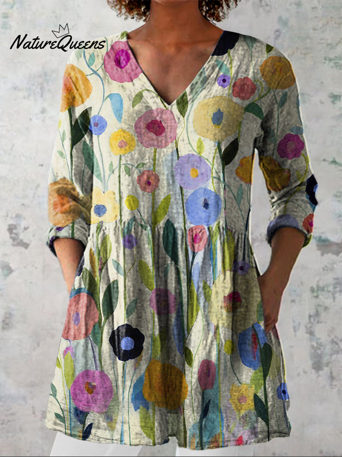 Oil Painting Spring Field Art Printed Women's Casual Linen V-Neck Shirt