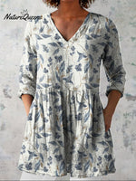 Watercolor Garden Floral Pattern Printed Women's Casual Linen V-Neck Shirt