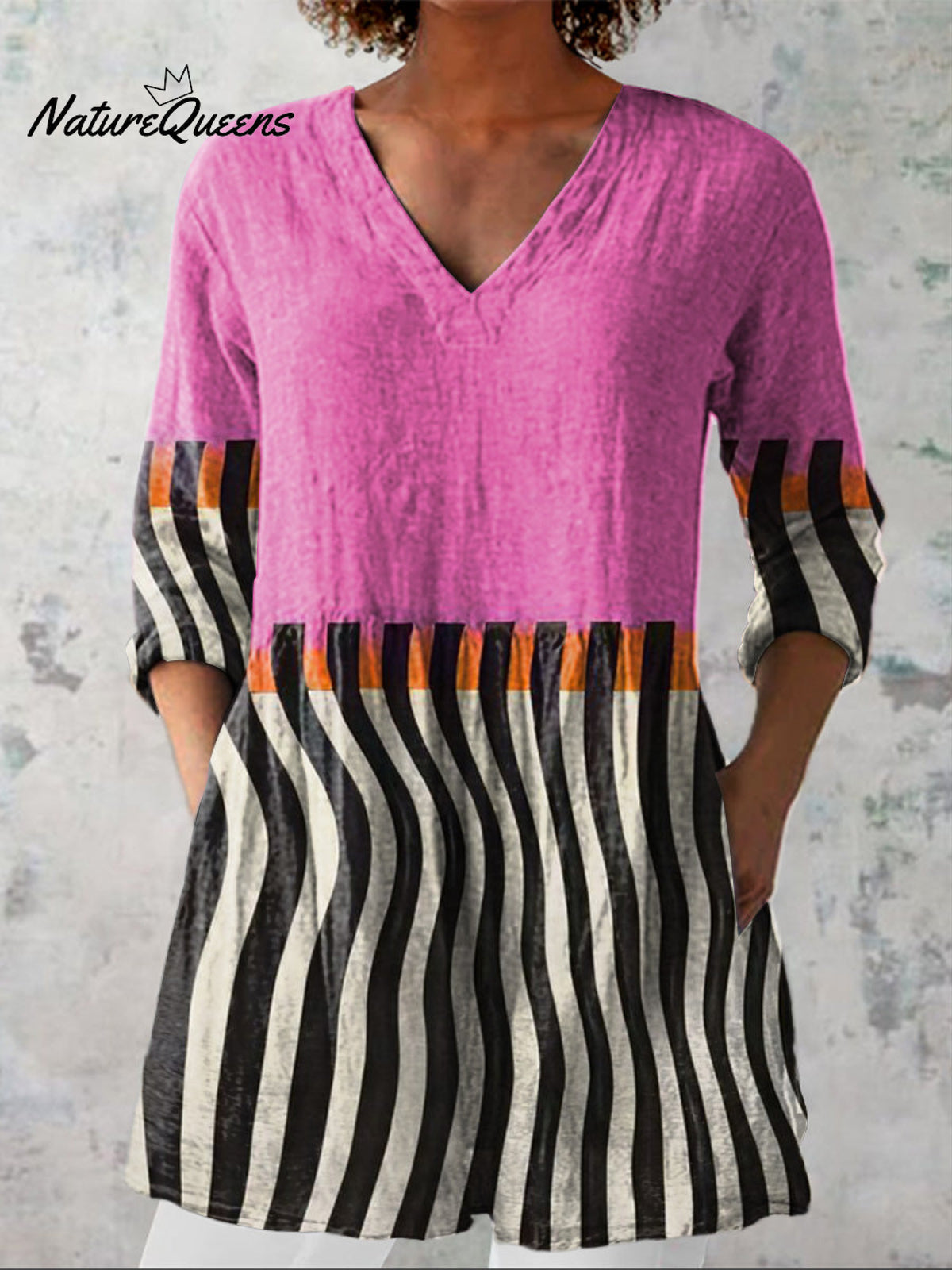 Colorful Geometric Pattern Printed Women's Casual Linen V-Neck Shirt