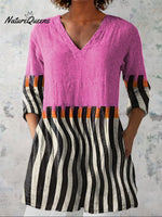 Colorful Geometric Pattern Printed Women's Casual Linen V-Neck Shirt