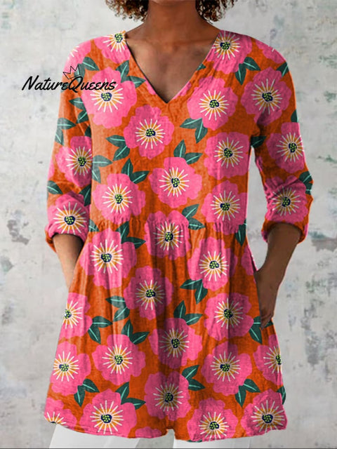 Vibrant Summer Floral Pattern Printed Women's Casual Linen V-Neck Shirt