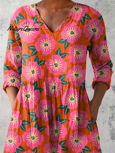 Vibrant Summer Floral Pattern Printed Women's Casual Linen V-Neck Shirt