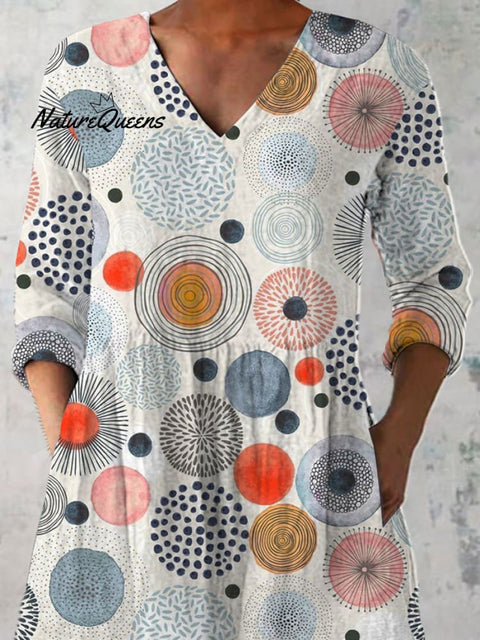 Watercolor Abstract Pattern Printed Women's Casual Linen V-Neck Shirt