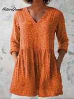 Summer Ethnic Pattern Printed Women's Casual Linen V-Neck Shirt