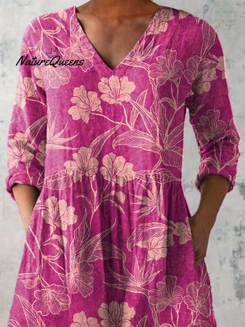 Summer Azalea Floral Pattern Printed Women's Casual Linen V-Neck Shirt