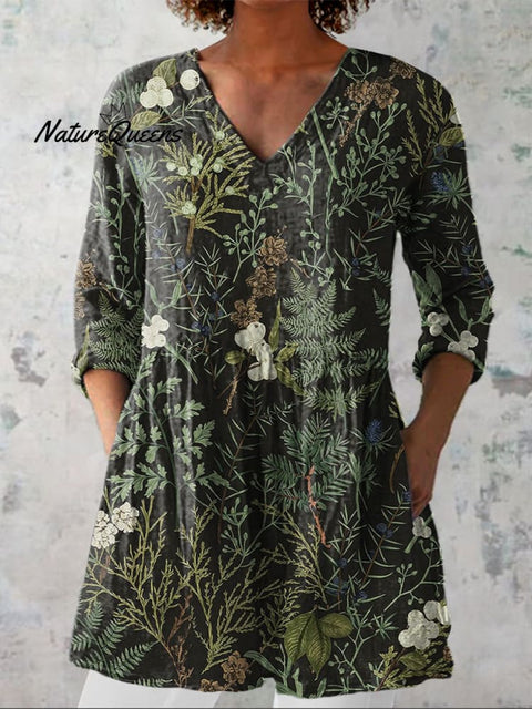 Midnight Summer Woodland Pattern Printed Women's Casual Linen V-Neck Shirt