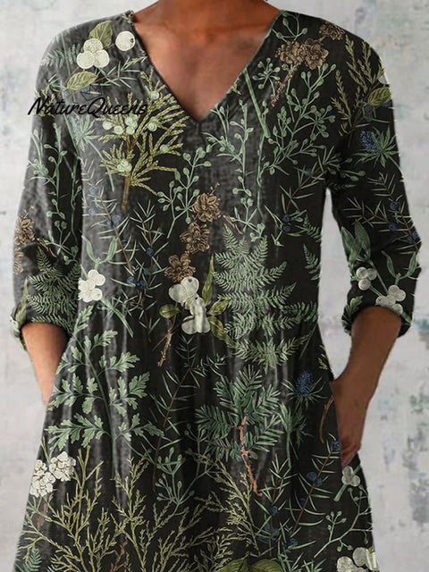 Midnight Summer Woodland Pattern Printed Women's Casual Linen V-Neck Shirt