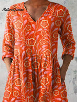 Watercolor Summer Floral Pattern Printed Women's Casual Linen V-Neck Shirt