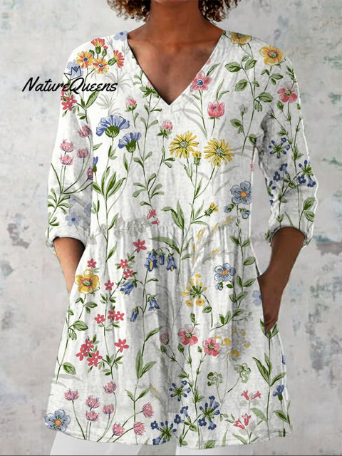 Wild Spring Floral Pattern Printed Women's Casual Linen V-Neck Shirt