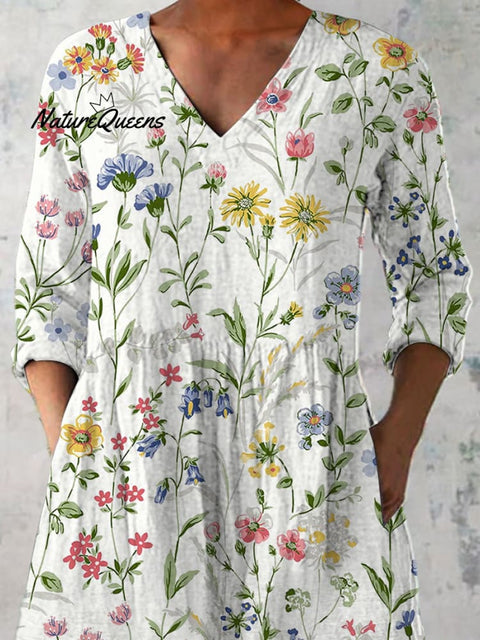 Wild Spring Floral Pattern Printed Women's Casual Linen V-Neck Shirt