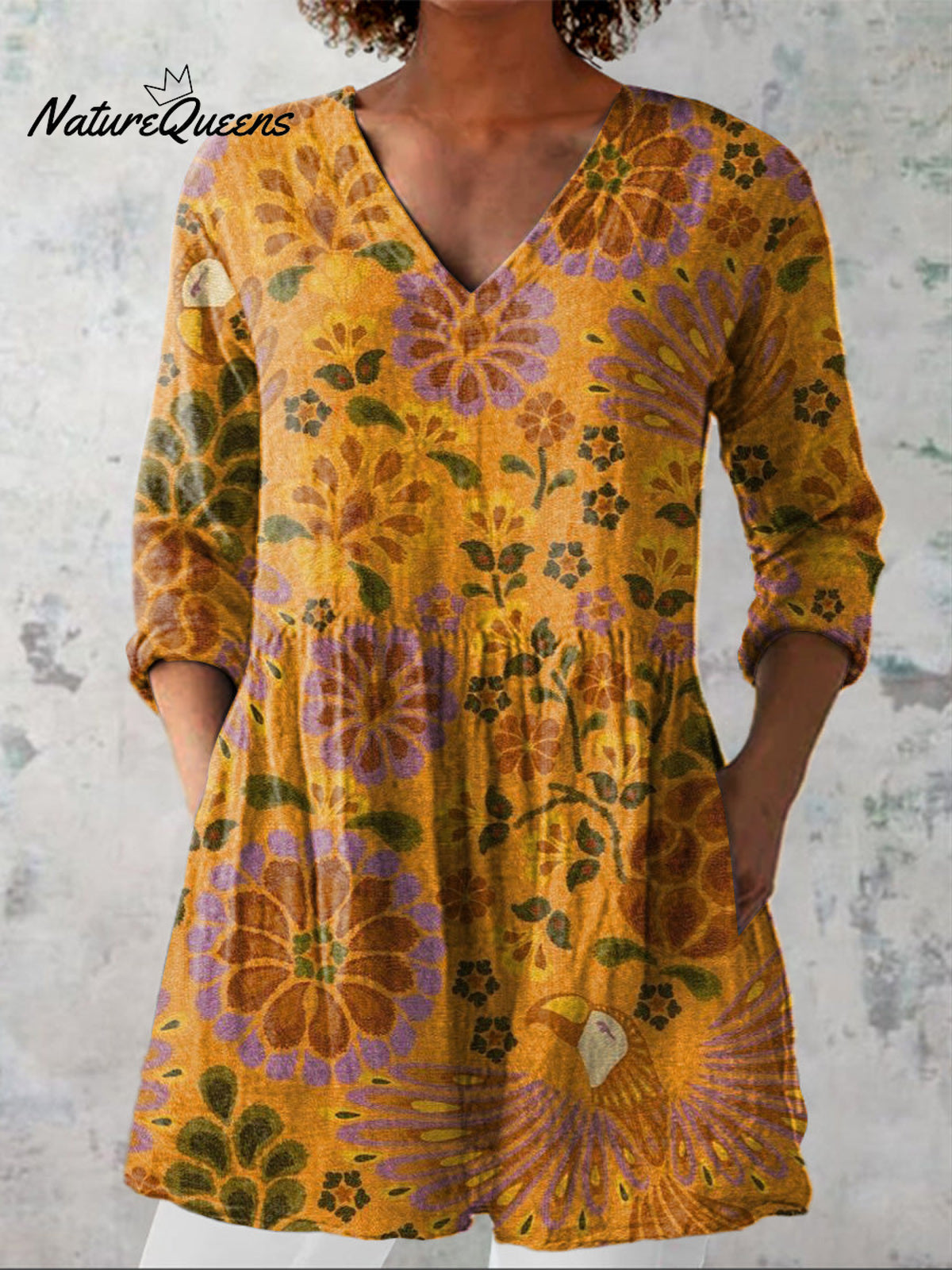 Summer Toucan And Floral Pattern Printed Women's Casual Linen V-Neck Shirt