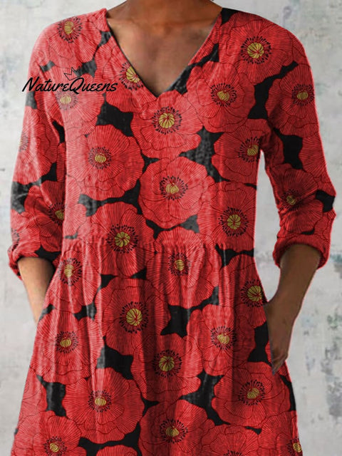 Summer Poppy Floral Pattern Printed Women's Casual Linen V-Neck Shirt