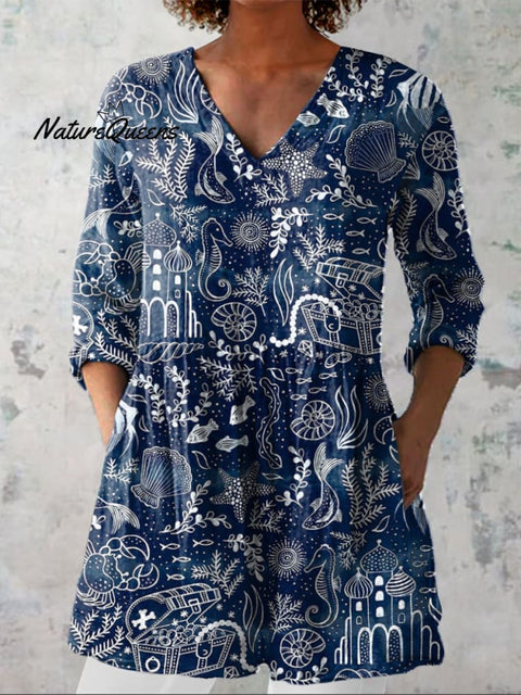 Wonder Of The Sea Pattern Printed Women's Casual Linen V-Neck Shirt