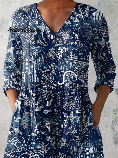 Wonder Of The Sea Pattern Printed Women's Casual Linen V-Neck Shirt