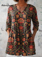 Summer Ethnic Floral Pattern Printed Women's Casual Linen V-Neck Shirt