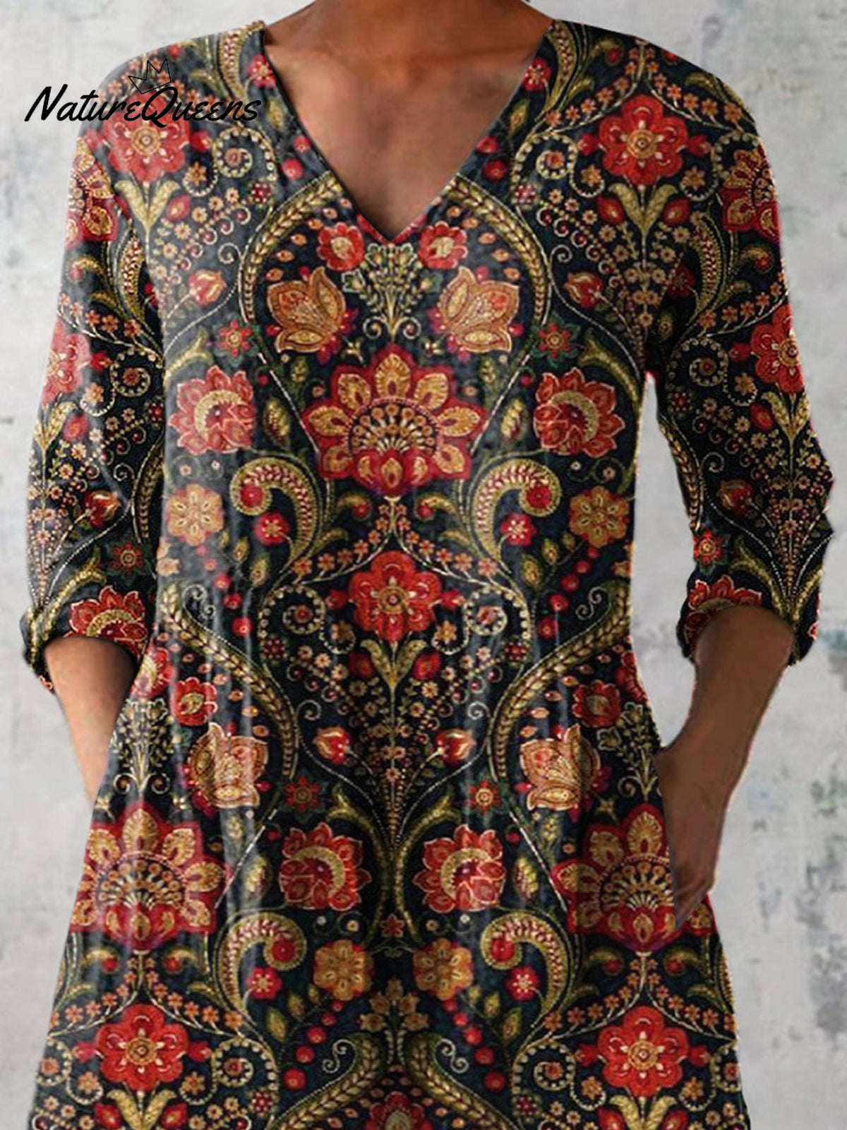 Summer Ethnic Floral Pattern Printed Women's Casual Linen V-Neck Shirt