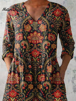 Summer Ethnic Floral Pattern Printed Women's Casual Linen V-Neck Shirt