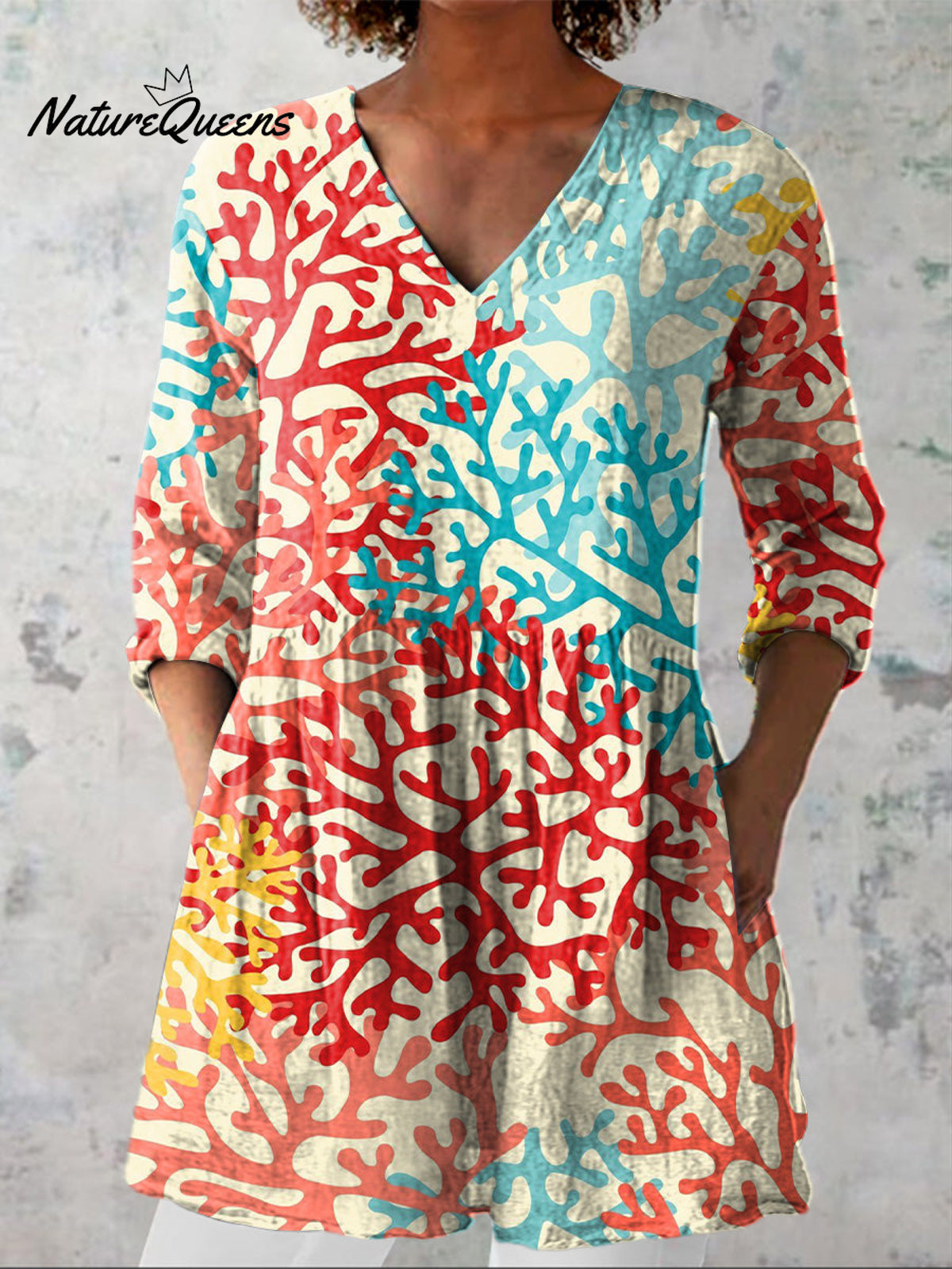 Vibrant Coral Reef Pattern Printed Women's Casual Linen V-Neck Shirt
