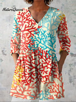 Vibrant Coral Reef Pattern Printed Women's Casual Linen V-Neck Shirt