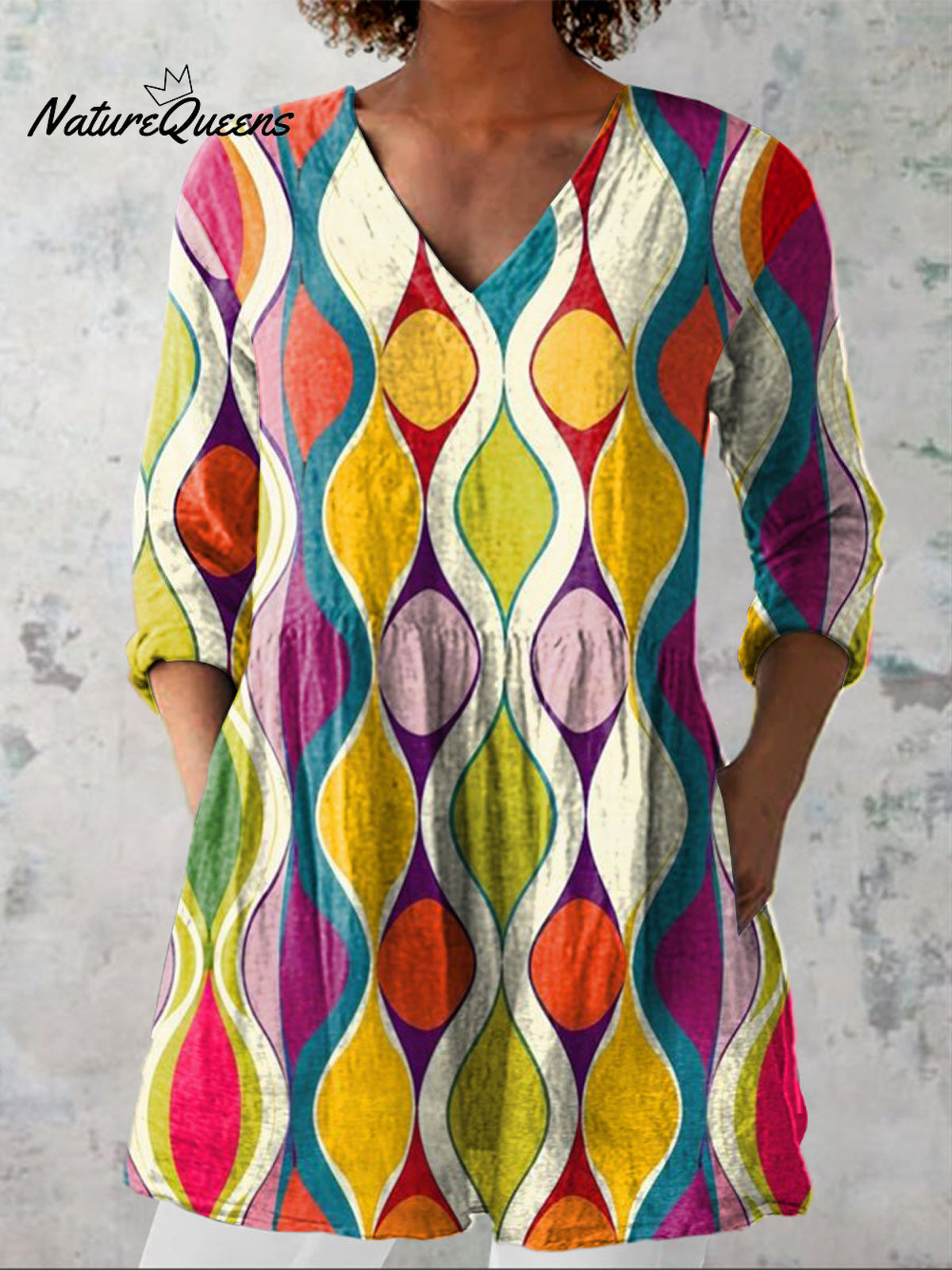 Abstract Geometric Pattern Printed Women's Casual Linen V-Neck Shirt