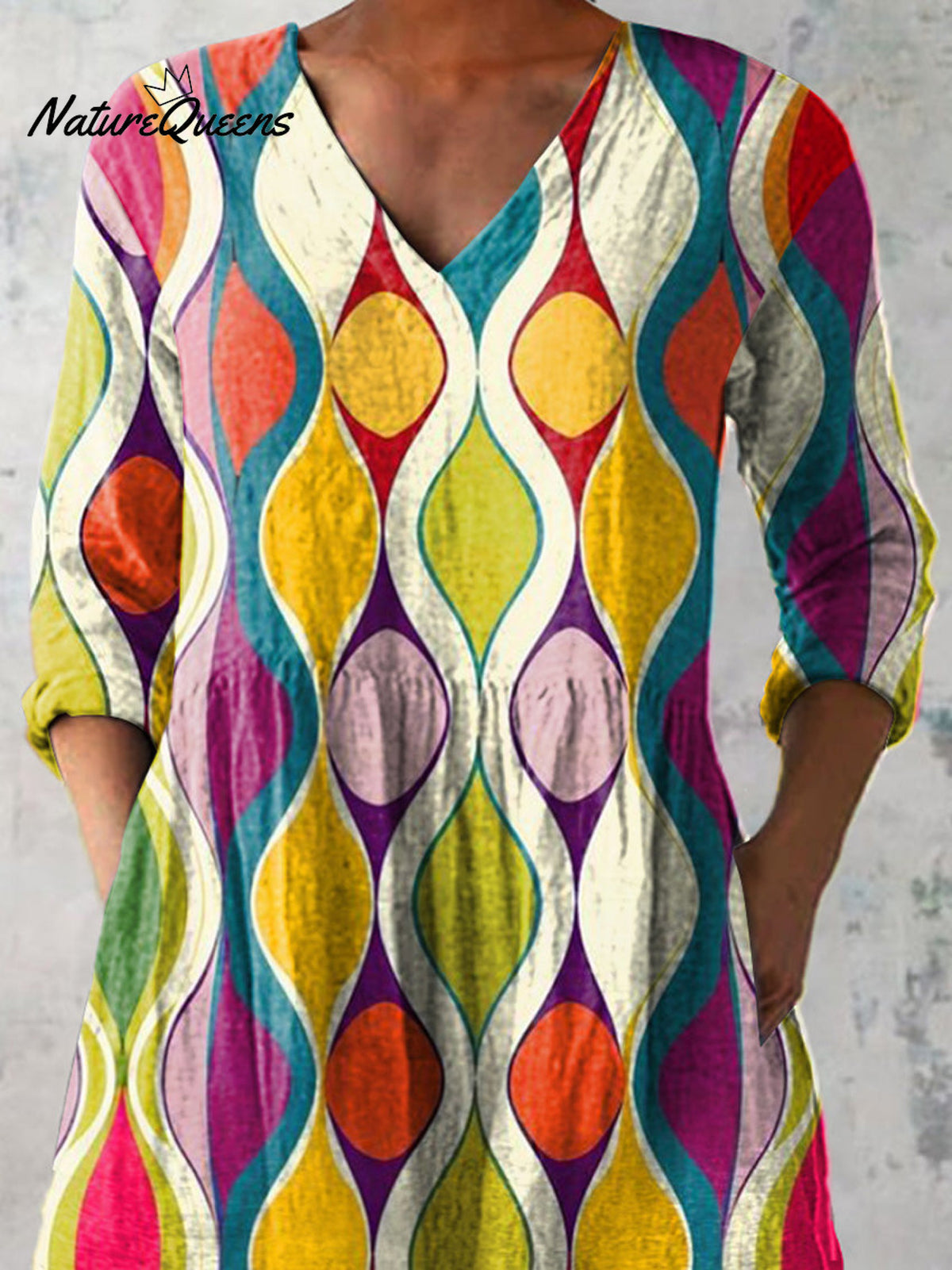 Abstract Geometric Pattern Printed Women's Casual Linen V-Neck Shirt