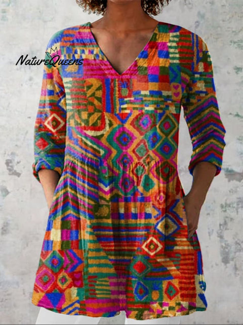 Colorful Ethnic Pattern Printed Women's Casual Linen V-Neck Shirt