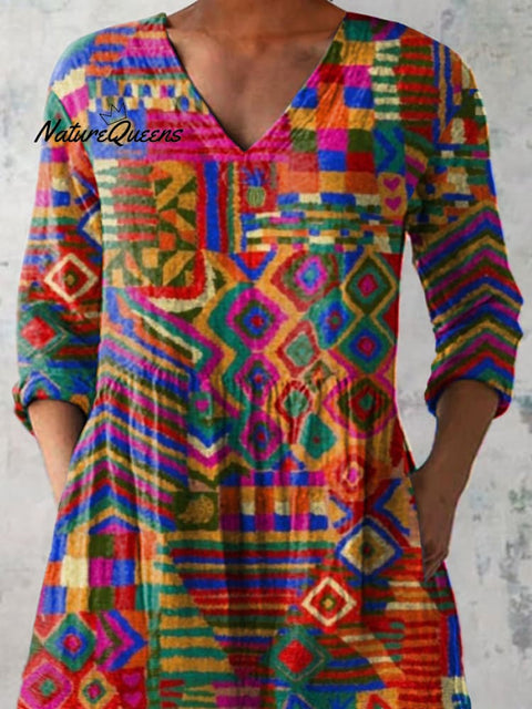 Colorful Ethnic Pattern Printed Women's Casual Linen V-Neck Shirt