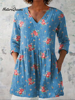 Lovely French Rose Pattern Printed Women's Casual Linen V-Neck Shirt