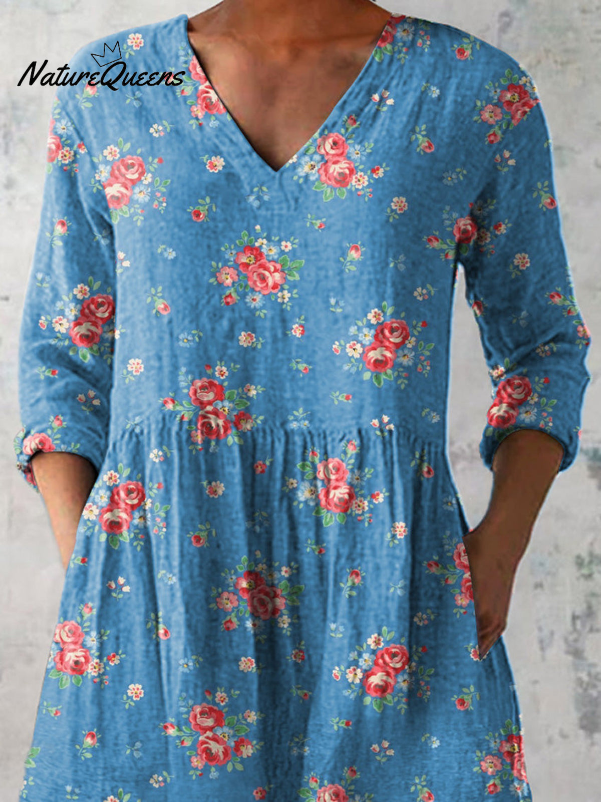 Lovely French Rose Pattern Printed Women's Casual Linen V-Neck Shirt
