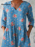 Lovely French Rose Pattern Printed Women's Casual Linen V-Neck Shirt
