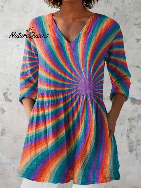 Multicolor Swirl Pattern Printed Women's Casual Linen V-Neck Shirt