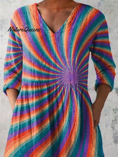 Multicolor Swirl Pattern Printed Women's Casual Linen V-Neck Shirt