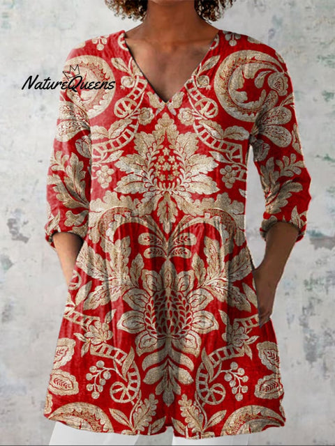 Ethnic Symmetrical Floral Pattern Printed Women's Casual Linen V-Neck Shirt