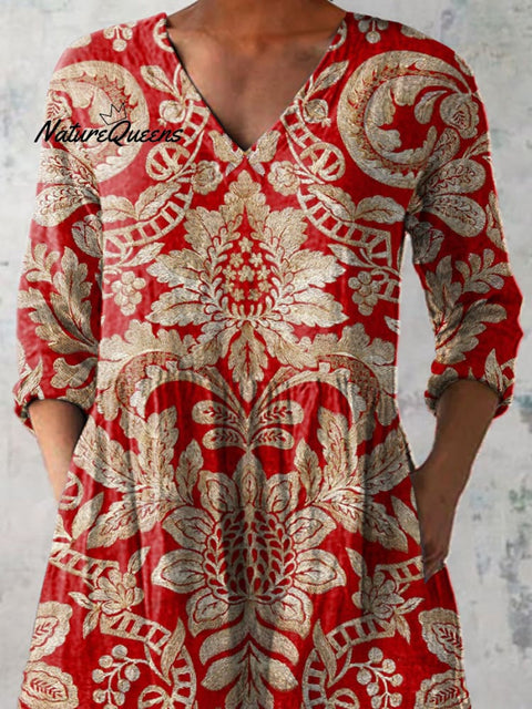 Ethnic Symmetrical Floral Pattern Printed Women's Casual Linen V-Neck Shirt