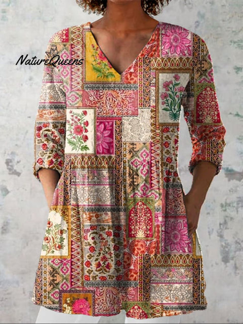 Summer Ethnic Patchwork Pattern Printed Women's Casual Linen V-Neck Shirt