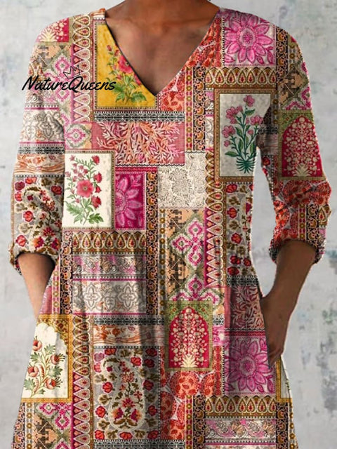 Summer Ethnic Patchwork Pattern Printed Women's Casual Linen V-Neck Shirt