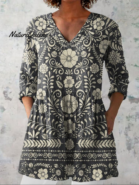 Retro Floral Pattern Printed Women's Casual Linen V-Neck Shirt