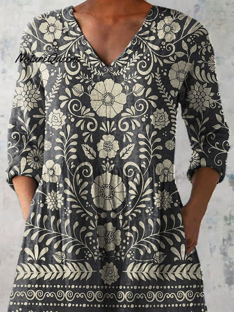 Retro Floral Pattern Printed Women's Casual Linen V-Neck Shirt