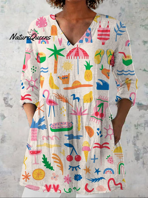 Lovely Summer Vacation Pattern Printed Women's Casual Linen V-Neck Shirt