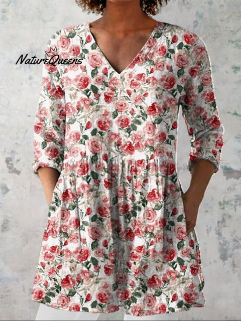 Watercolor French Rose Pattern Printed Women's Casual Linen V-Neck Shirt